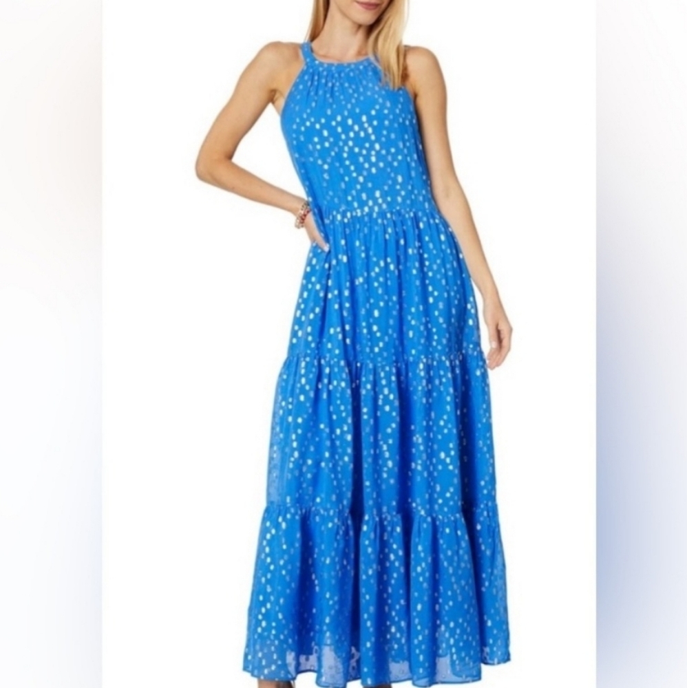 BECCALYN MAXI DRESS, BOCA BLUE VISCOSE METALLIC CLIP DOBBY